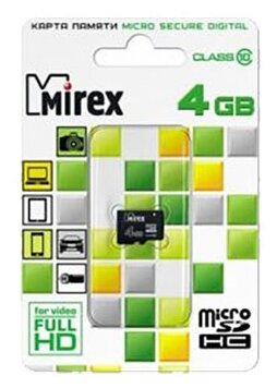 Карта памяти 4Gb MicroSD Mirex Class 10 (13612-MC10SD04) карта памяти, microSDHC, 4 Гб, чтение: 25 Мб/с, запись: 10 Мб/с