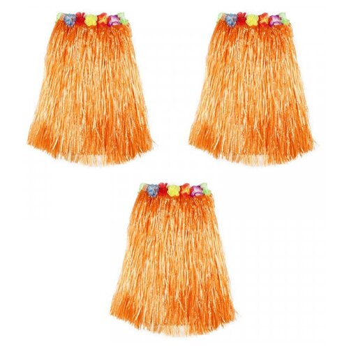 юбка гавайская 60 см разноцветная с цветочками набор 3 шт Гавайская юбка оранжевая, 60 см (Набор 3 шт.)