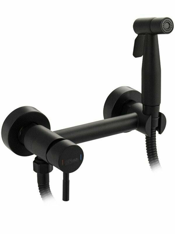 фото GFmark - Набор бидe гигиенический, чёрный смеситель для горячей и холодной воды + лейка - кнопка + шланг, из нержавеющей стали марки 304