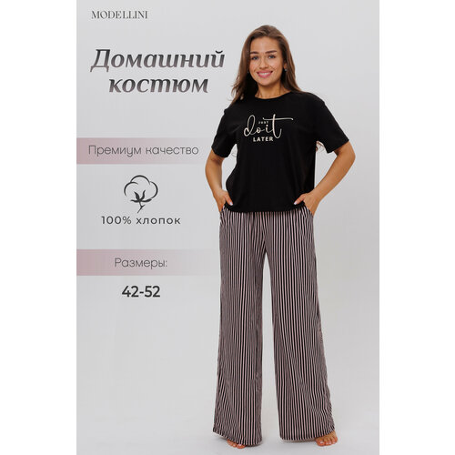 фото Комплект modellini, брюки, футболка, короткий рукав, пояс на резинке, трикотажная, размер 42, черный