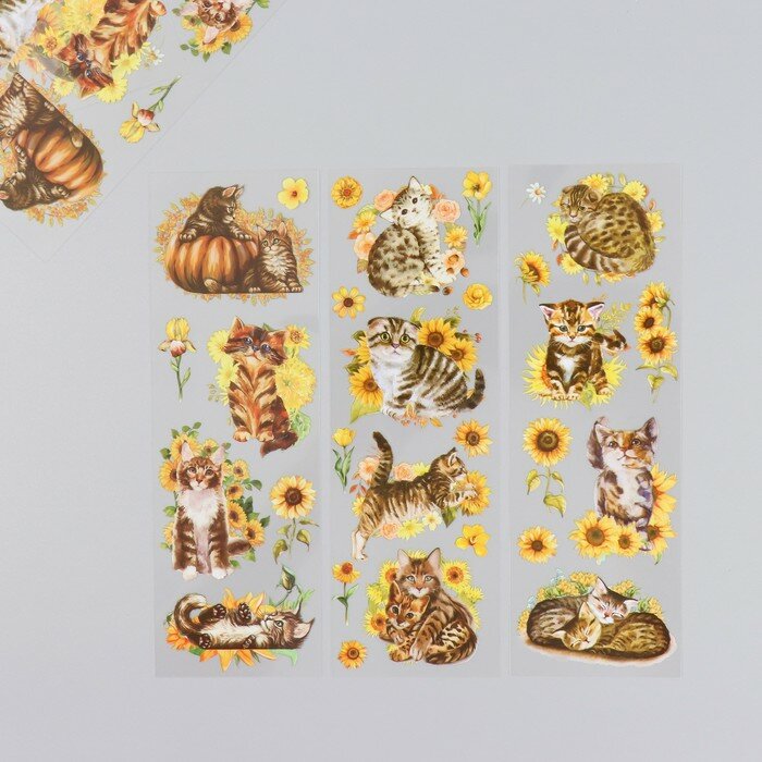 Наклейки для творчества "Полосатые котики и жёлтые цветы" набор 6 листов 18х6 см