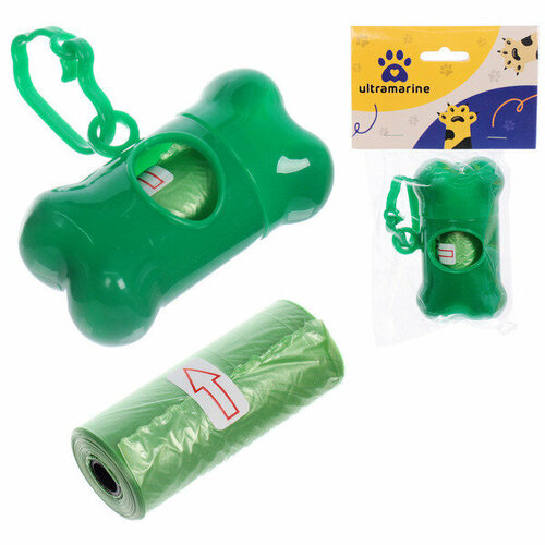 Контейнер с пакетами для уборки за собакой с карабином, цвет зеленый Ultramarine