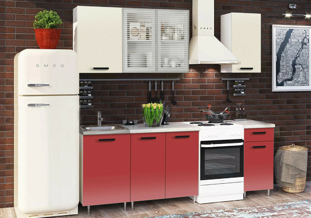 фото Кухонный гарнитур Миф Рио-1 1.7м бежевый / красный 170хх см