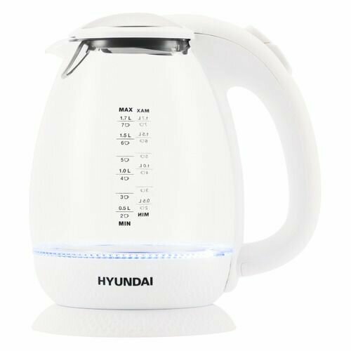 Чайник электрический Hyundai HYK-G3805, 2200Вт, белый и прозрачный чайник hyundai hyk g2012 черный прозрачный