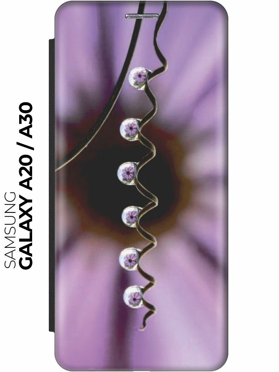 Чехол-книжка Капли на травинке на Samsung Galaxy A20 / A30 / Самсунг А20 / А30 черный