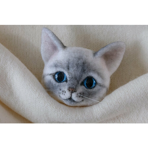 Брошь, шерсть, стекло, ручная работа, серый