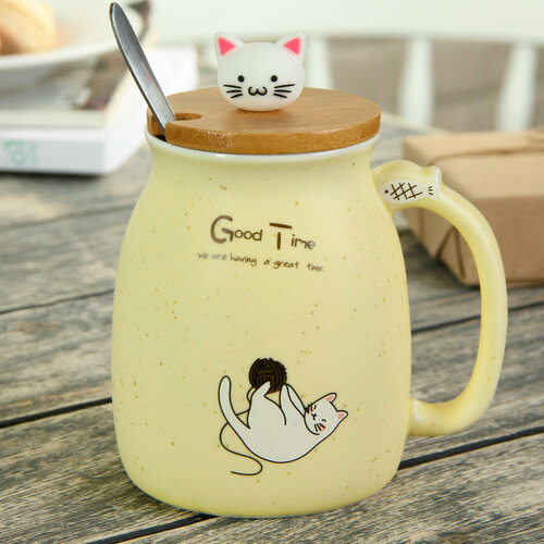 Кружка керамическая «Котик» с деревянной крышкой и ложкой 500 мл