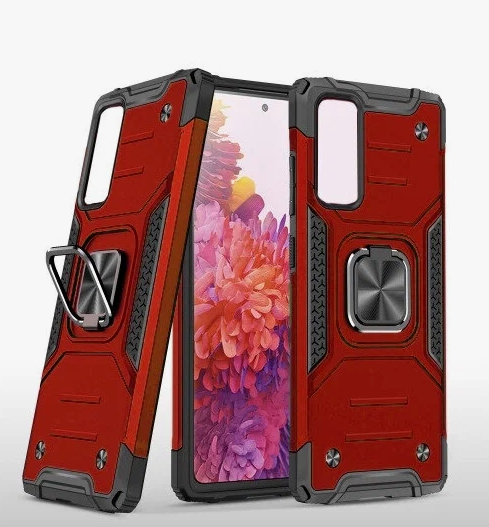 Противоударный чехол для Samsung Galaxy M23 красный с пластиной для магнитного автодержателя и кольцом подставкой