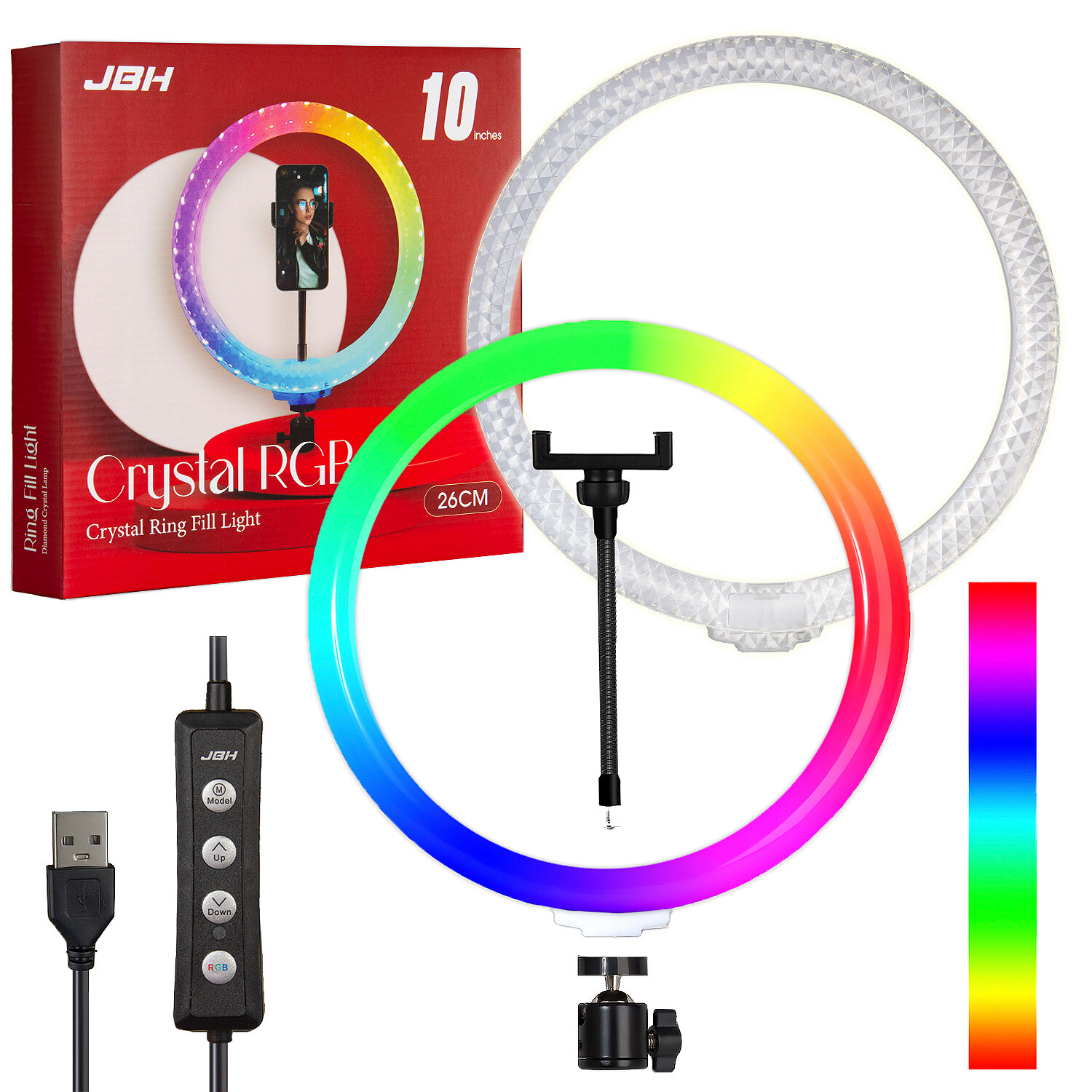 Кольцевая двухсторонняя LED-лампа 26 см RGB Кристалл + штатив 2 м + Bluetooth-пульт + держатель для телефона "Селфи кольцо CRYSTAL" — фото 1