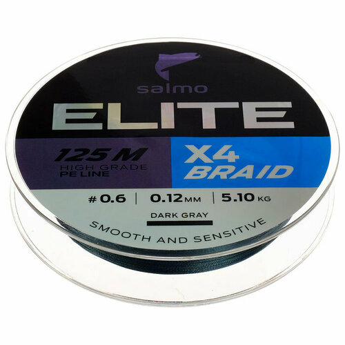 Шнур плетёный Salmo Elite х4 BRAID Dark Gray, диаметр 0.12 мм, тест 5.1 кг, 125 м (комплект из 2 шт)