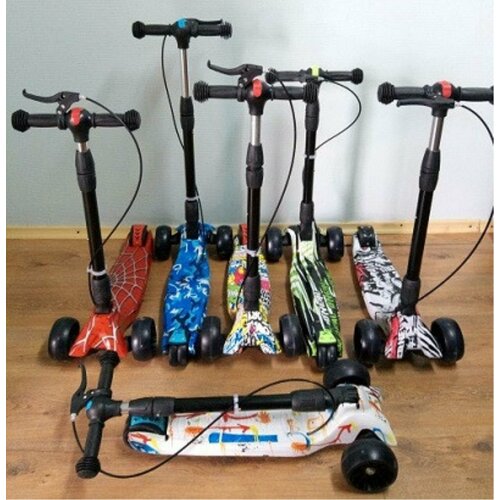 фото Самокат детский scooter макси принт 3х колесный с ручным тормозом, складной, широкие колеса 5.5см no brand