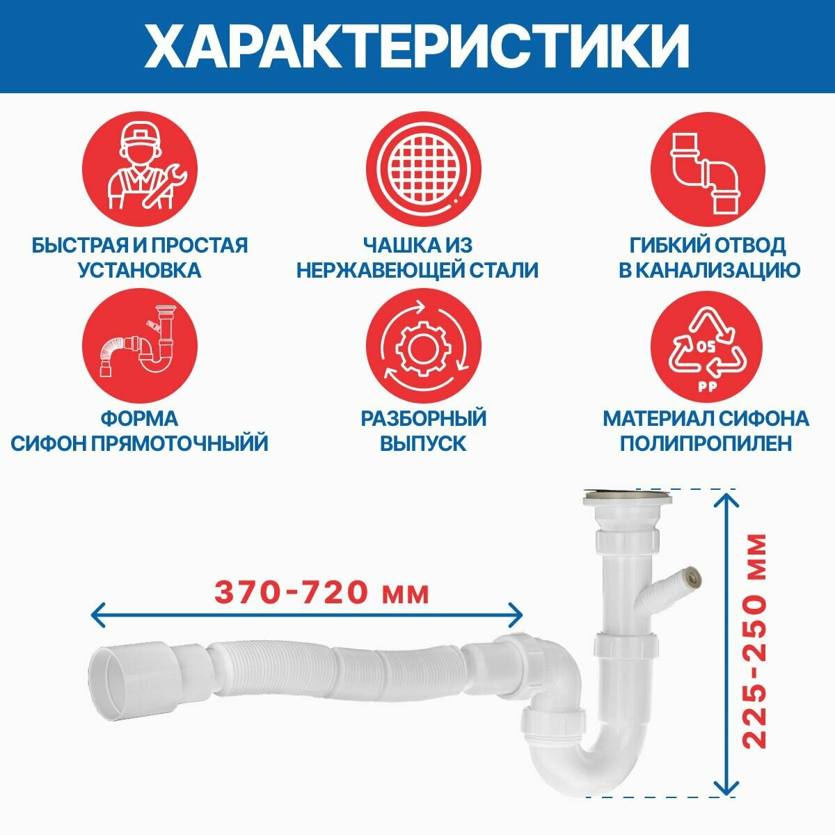 Сифон для раковины 2 в 1, 1.1/2"х40 с гибкой трубой 40х40/50 - фотография № 2