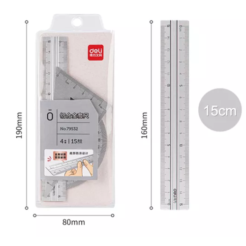 Набор линеек алюминиевых серебристый, линейка, транспортир, угольник, комплект 4 предмета, канцелярия