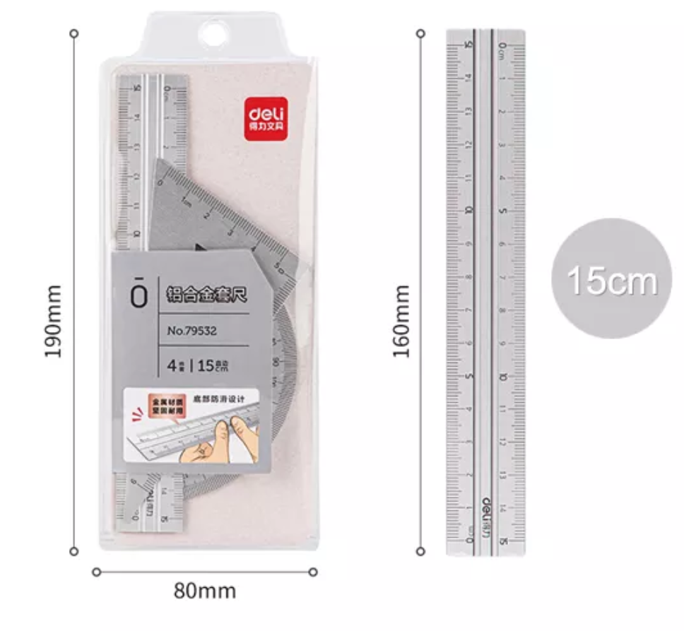 Набор линеек алюминиевых серебристый, линейка, транспортир, угольник, комплект 4 предмета, канцелярия