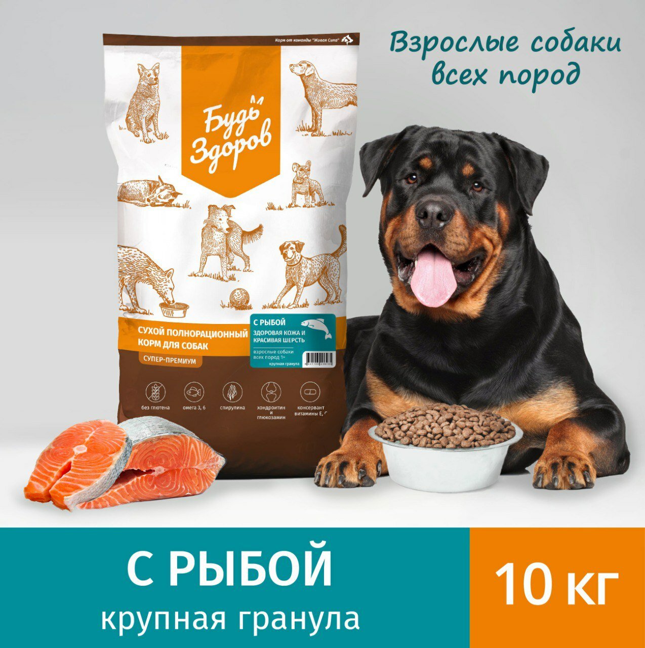 фото Живая Сила Будь Здоров сухой корм с рыбой для взрослых собак всех пород. Здоровая кожа и красивая шерсть. Крупная гранула 10 кг