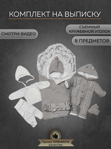 Изображение товара Конверт для новорожденных на выписку теплый 8 предметов в роддом Серый
