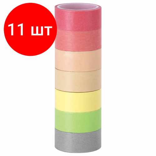 Комплект 11 шт, Клейкие WASHI-ленты для декора пастель, 7 теплых цветов, 15 мм х 3 м, рисовая бумага, остров сокровищ, 661700