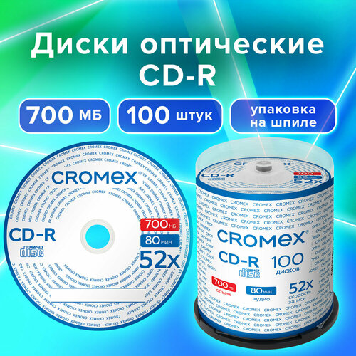 Диски CD-R CROMEX, 700 Mb, 52x, Cake Box (упаковка на шпиле), комплект 100 шт, 513778 диски cd r sonnen 700 mb 52x cake box упаковка на шпиле комплект 100 шт 513533