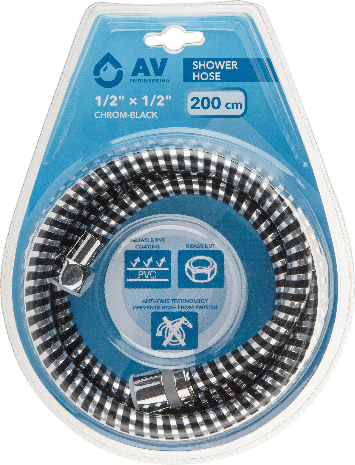 Шланг душевой, PVC, 1/2" г-г 200 см, хром-черн, AV Engineering (AVSSS-109)