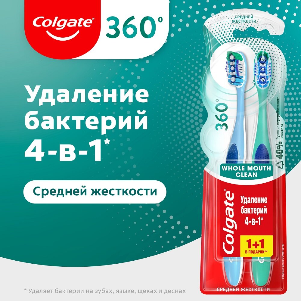 Зубная щетка Colgate 360° Clean средней жесткости, 1+1 шт. - фото №15