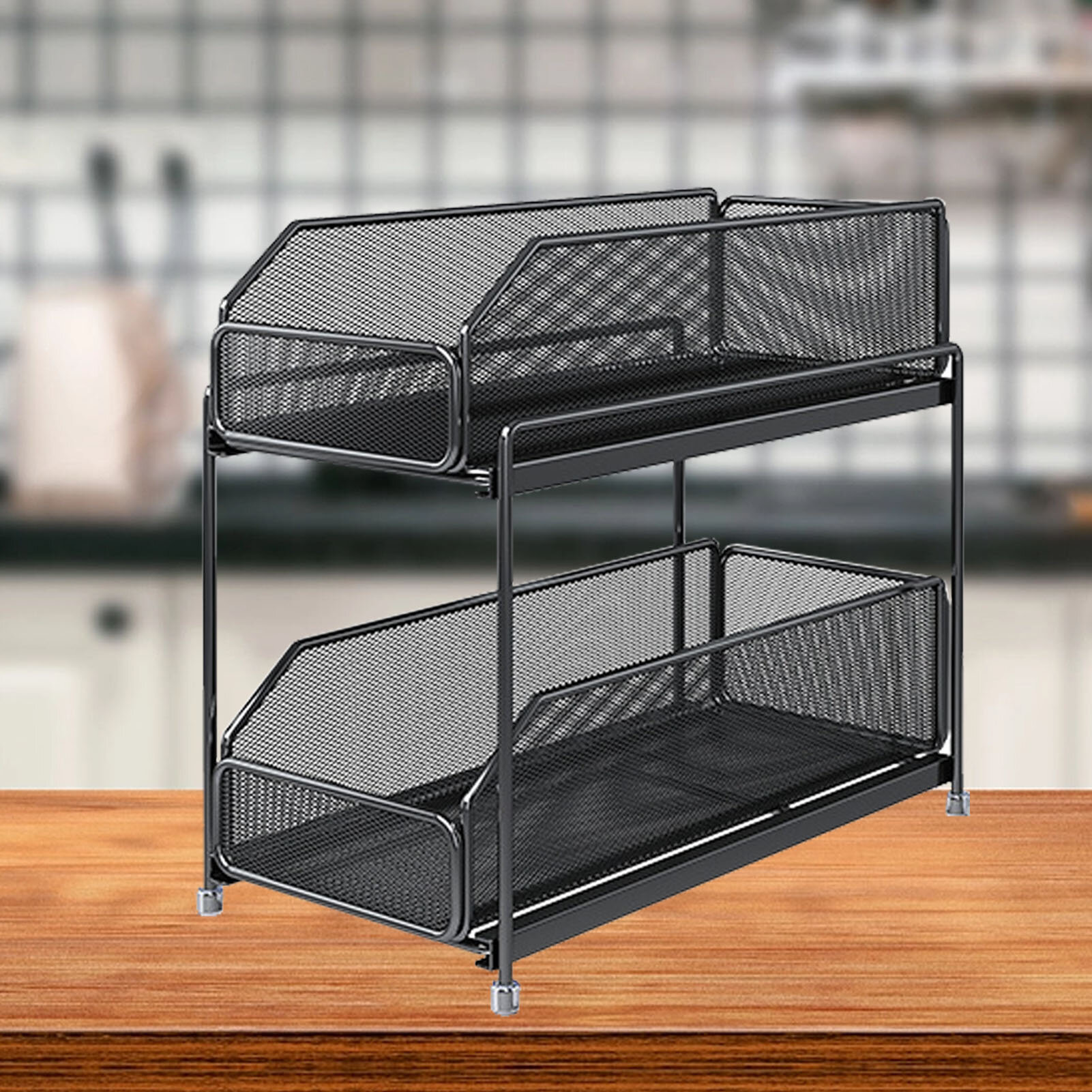 фото Выдвижной шкаф-органайзер 2-уровневая сетка из углеродистой стали Большой емкости, простая в обслуживании Выдвижная корзина, выдвижной ящик черного цвета