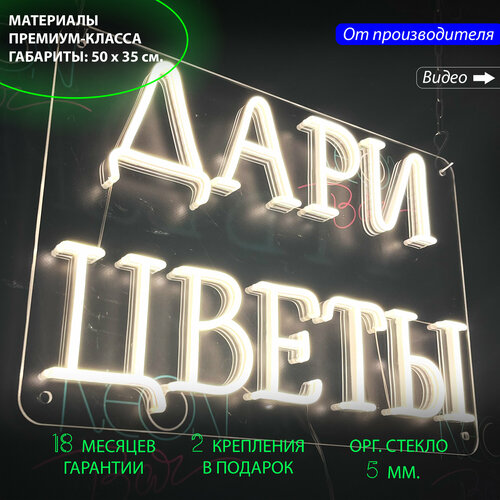Неоновый светильник / Неоновая светодиодная вывеска на стену / Настенная неоновая лампа, надпись "Дари цветы", для цветочного магазина, 50 х 35 см.