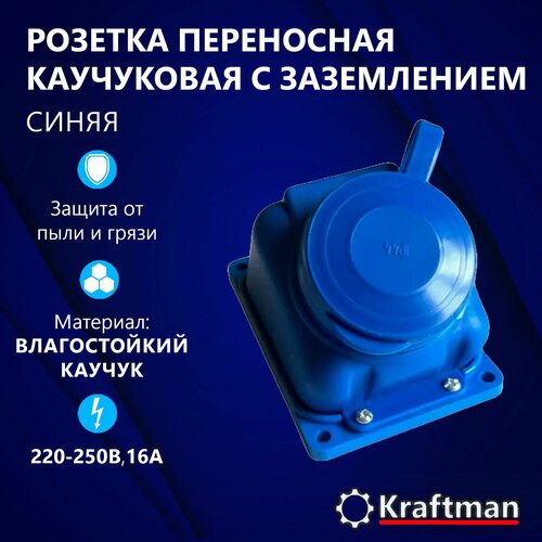 Розетка переносная уличная каучуковая с крышкой влагозащищенная одноместная c заземлением РП 16-132 С синий 349₽