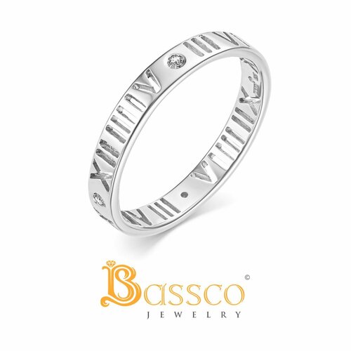 Кольцо обручальное Bassco, серебро, 925 проба, родирование, фианит, размер 18, серебряный