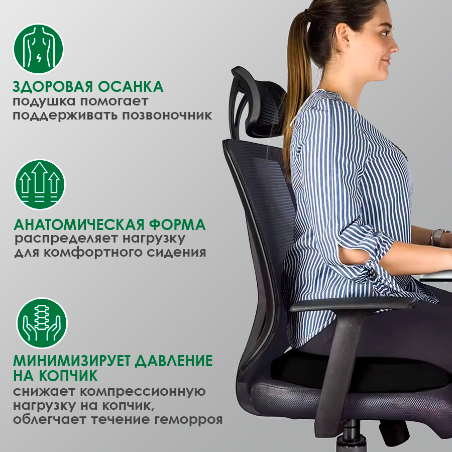 Подушка кольцо с отверстием "Бублик" пончик с эффектом памяти для осанки, копчика, против геморроя — фото 1