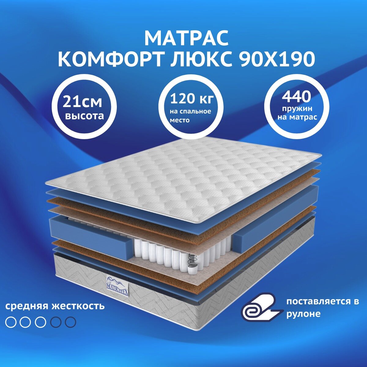 Матрас комфорт люкс 90х190 MATRATEX, независимые пружины, двусторонний, средняя жесткость, односпальный