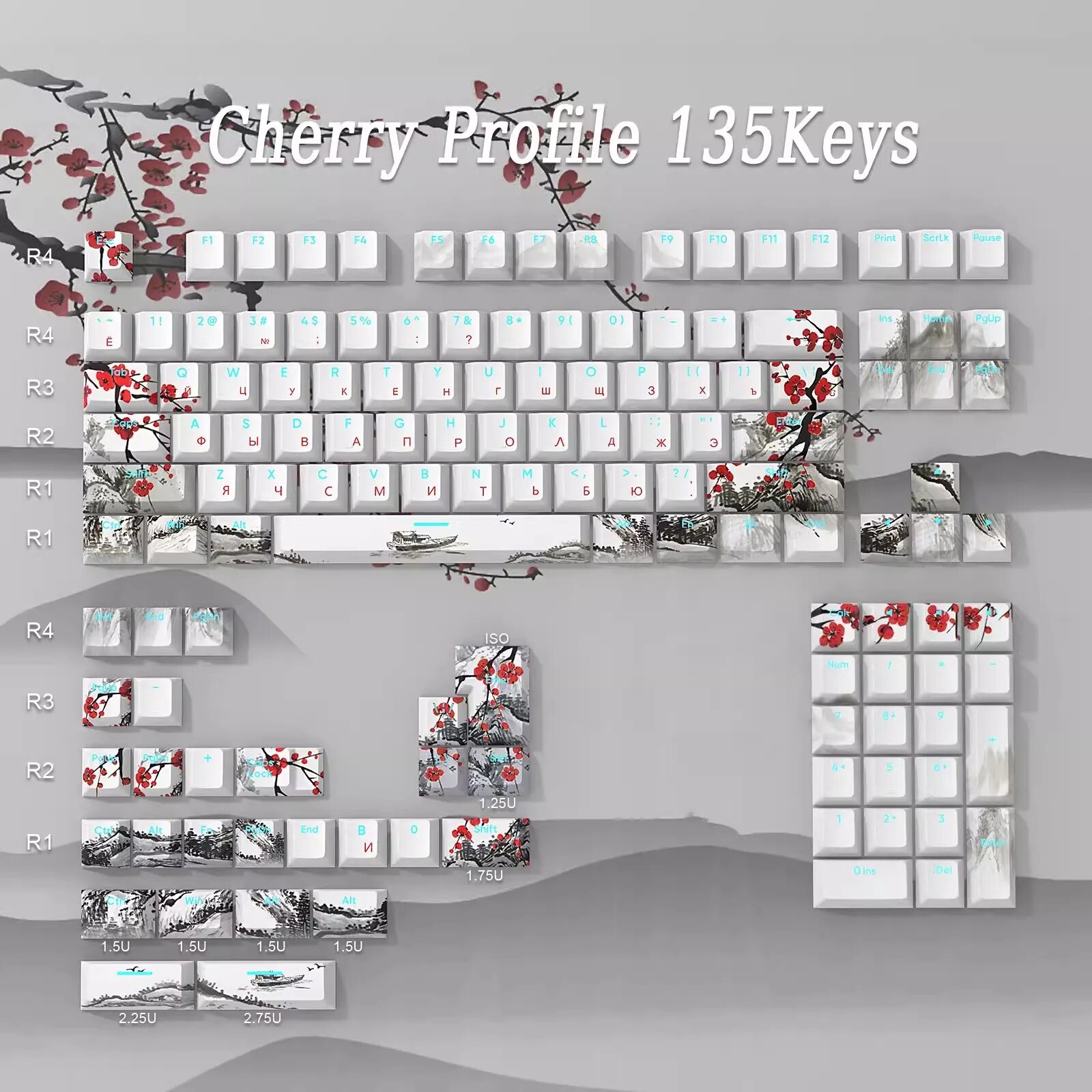 Kelowna Double Shot PBT Keycaps 135 Keys Plum Blossom для MX Switch, Top Print 135 Key RU