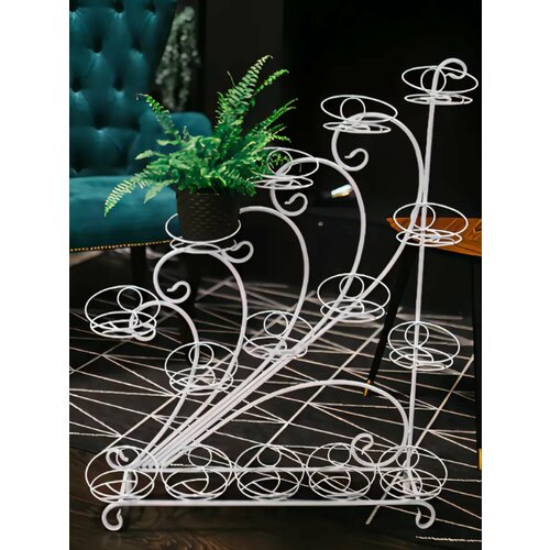 Металлическая подставка для цветов белая, напольная на подоконник для 15 кашпо