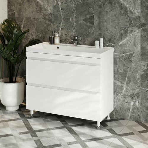 Тумба с раковиной в ванную FAURAplus, Сантельмо 100-2, напольная, белая, глянцевая, раковина Classica (Литьевой мрамор).