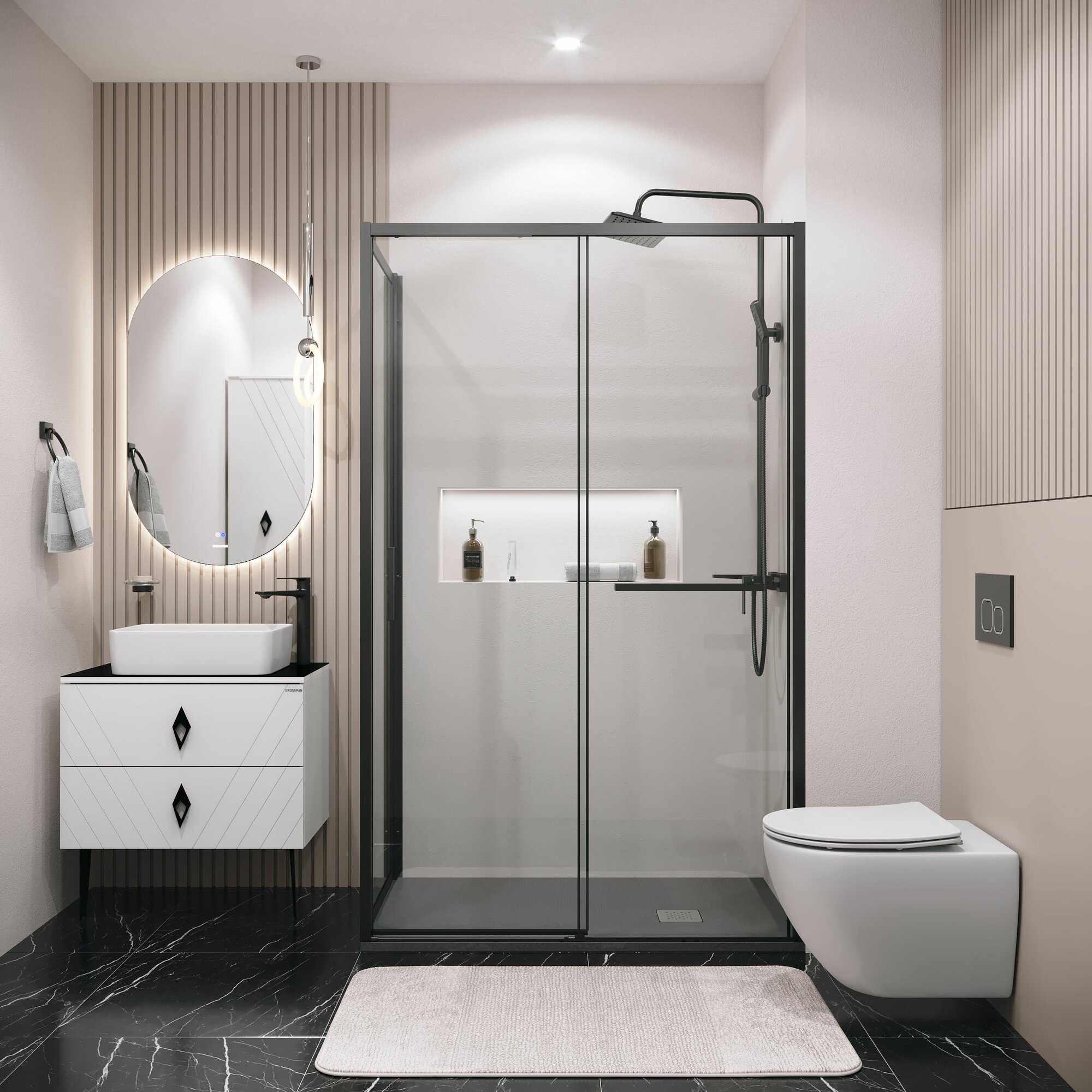 Душевое ограждение Grossman Style 120. K33.05.1090.21.00 (100х90х195) дверь раздвижная черный матовый стекло прозрачное2 места