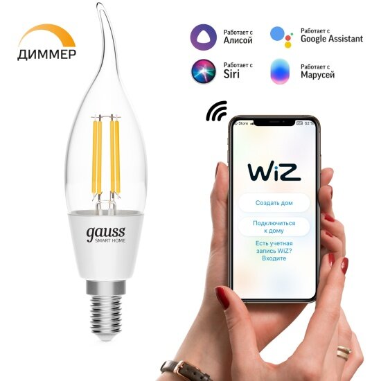 Лампа Светодиодная филаментная Gauss Smart Home DIM E14 CF35 4,5 Вт 1/10/40