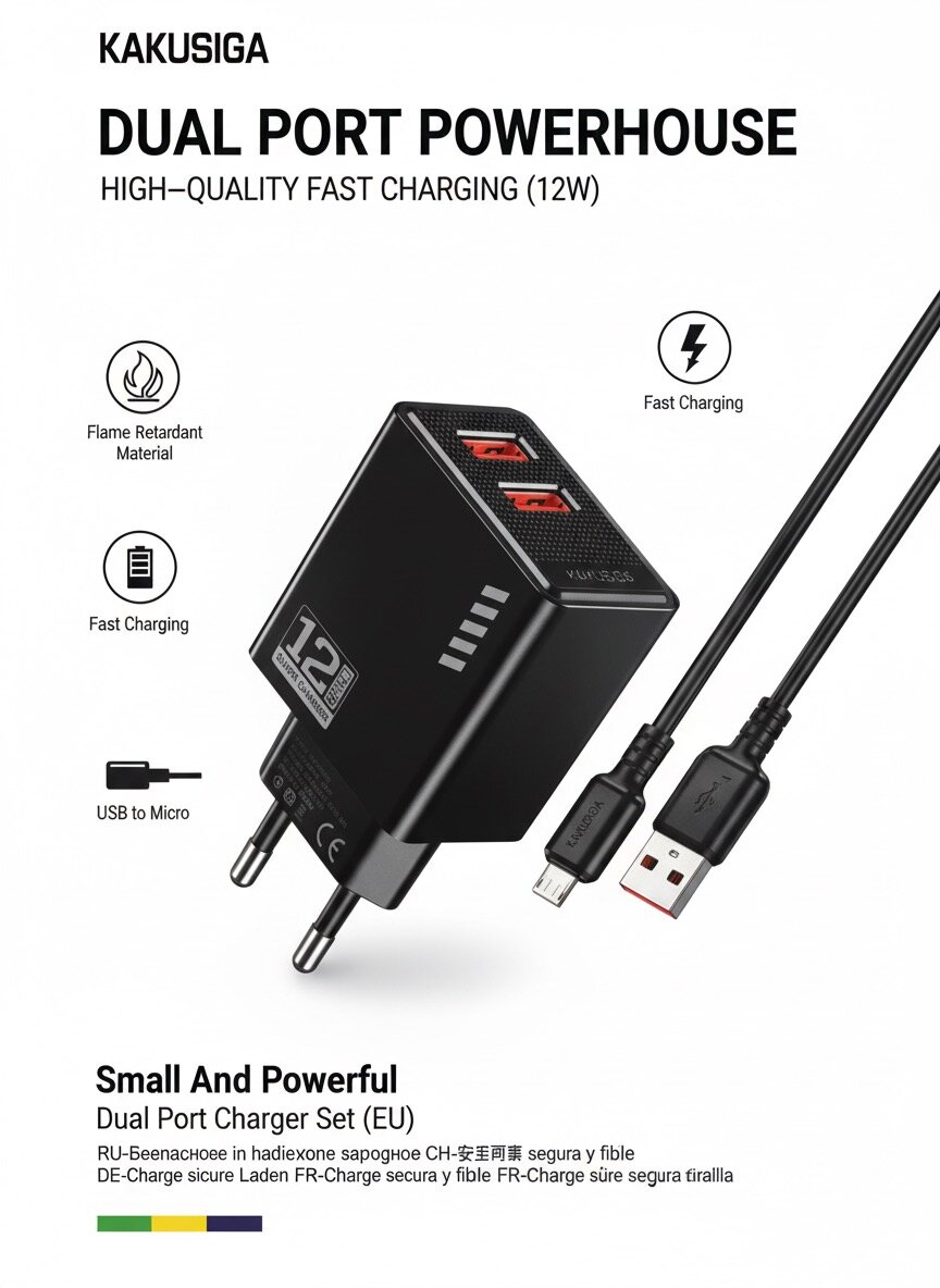 Комплект для быстрой зарядки KAKUSIGA с двумя портами 2,4 А | Кабель USB-Micro | black