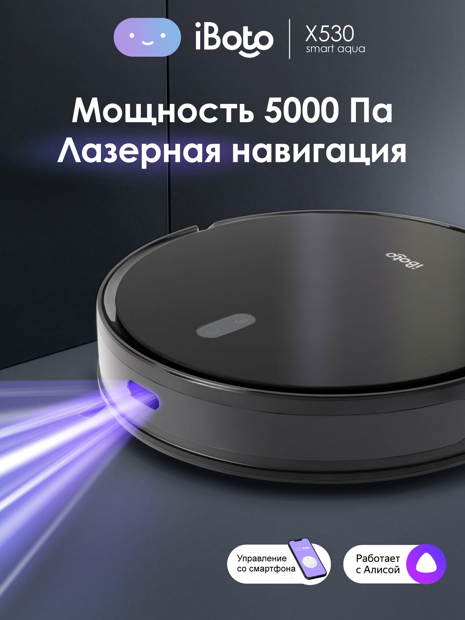 Робот пылесос iBoto X530, сухая и влажная уборка, Встроенный Лидар, 5000 Па, автоувеличение мощности, Алиса