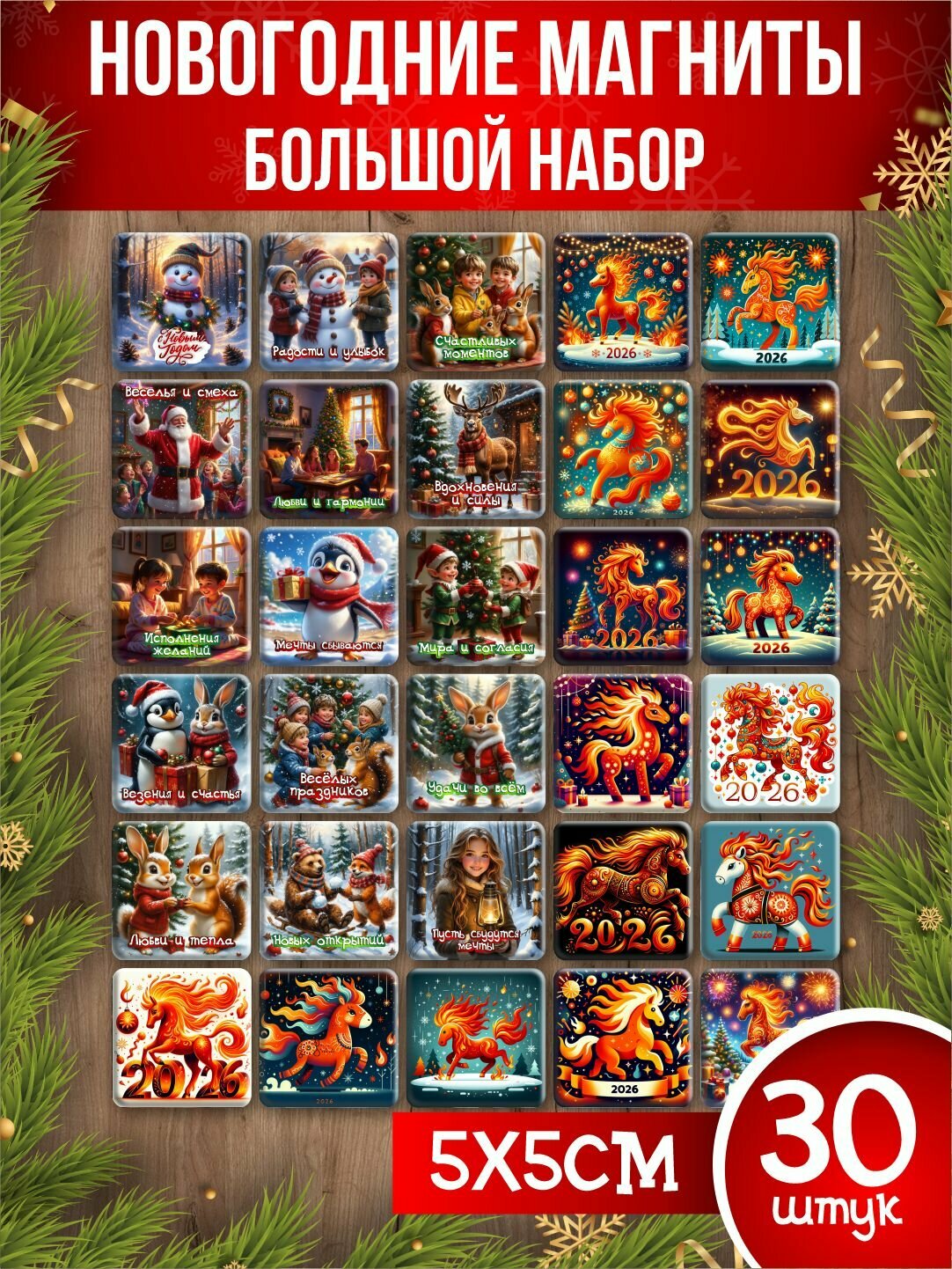 Новогодние магниты на холодильник символ года Лошади 2026 подарок на Новый год