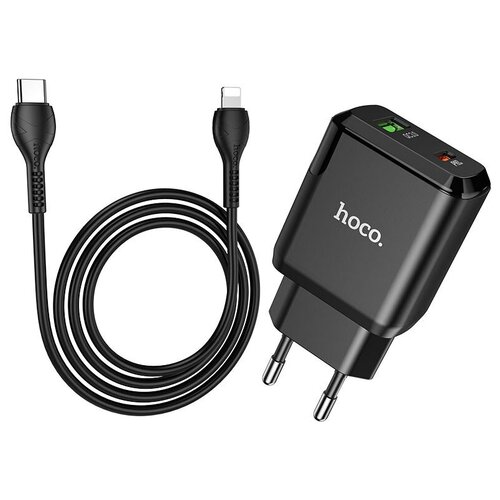 СЗУ, 1 USB 3.0 QC+1 PD 20W (N5), HOCO, Type-C to Lightning, умная зарядка, черный зарядное устройство сзу ba73a lightning на 2 type c 35w 3a borofone eu белый