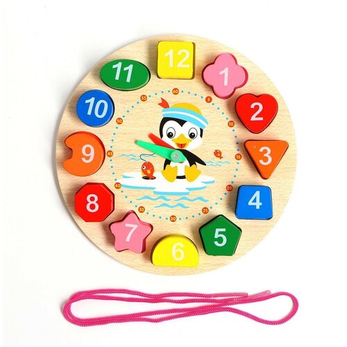 Детские часы вкладыш Пингвин, 3 в 1, часы, шнуровка, для детей и малышей