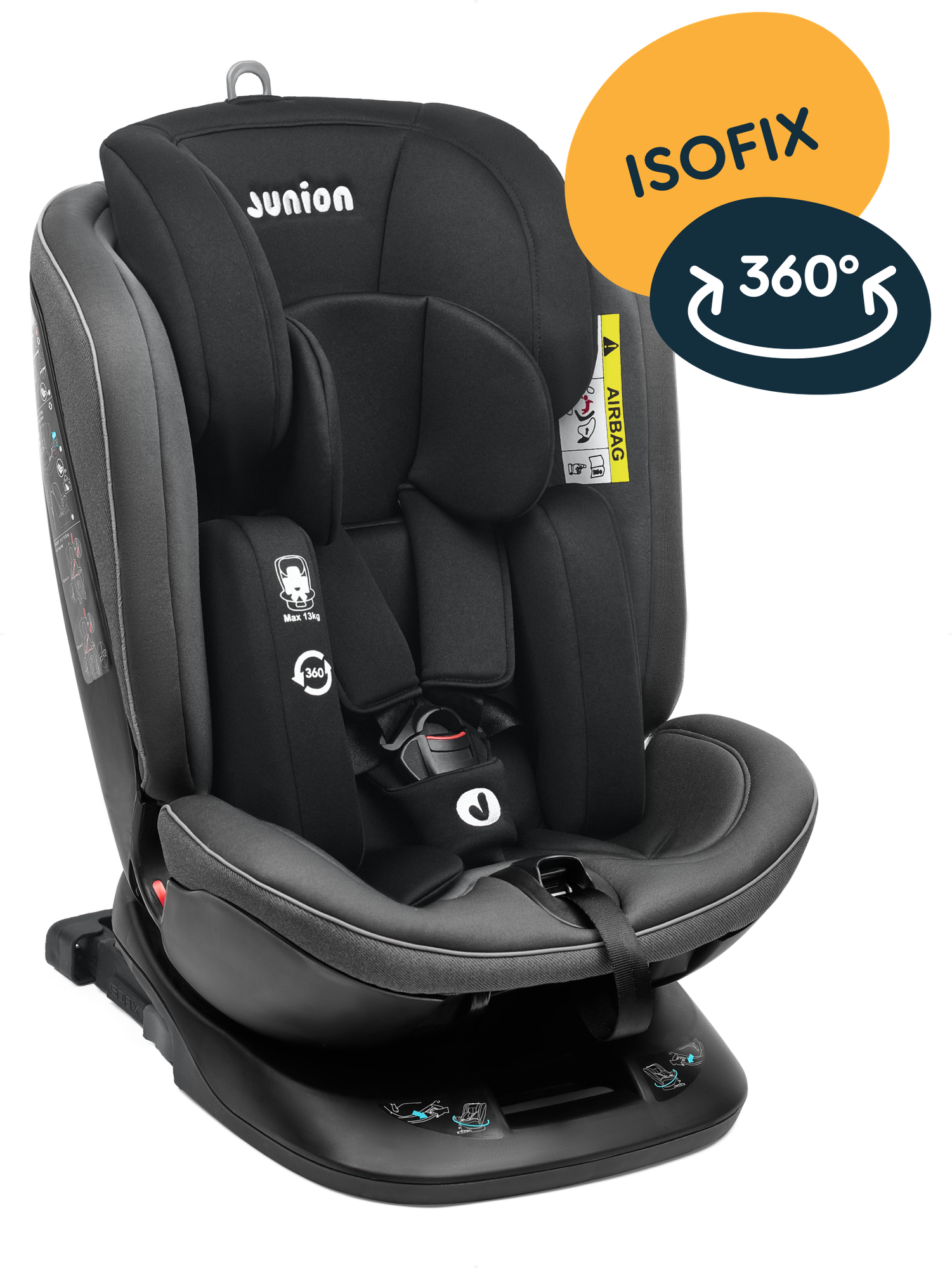 Автокресло JUNION Ebby группа 0+/1/2/3 (0-36 кг), 360°, Isofix, тёмно-серый