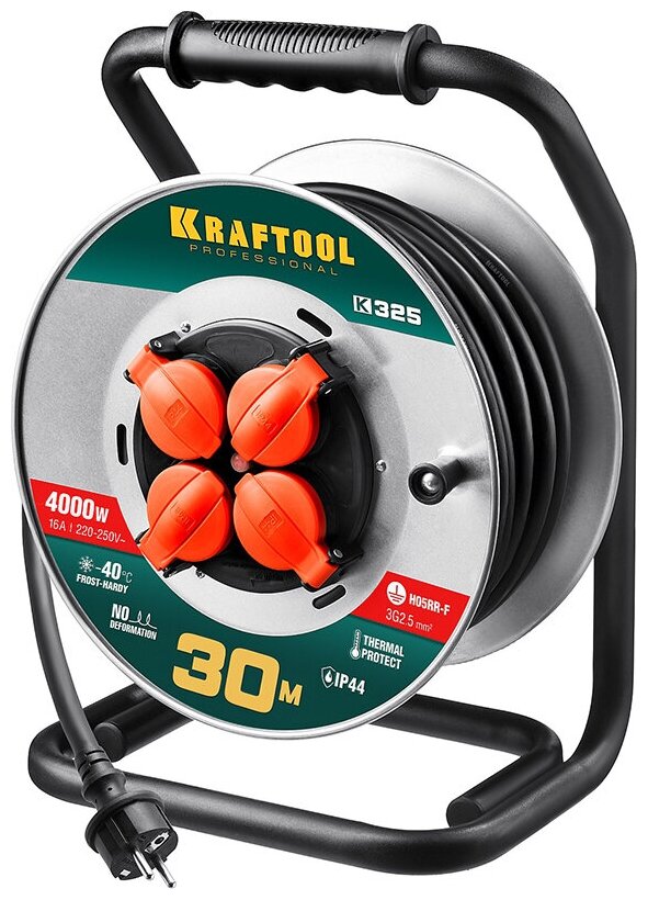 Силовой удлинитель на стальной катушке KRAFTOOL КГ 3х2.5 30м 4000Вт IP44, K-325