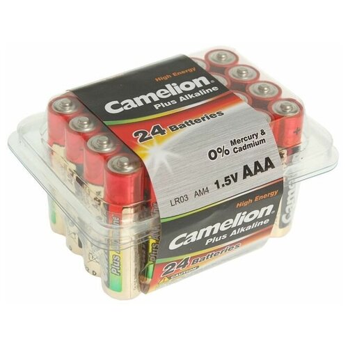 Батарейка алкалиновая Camelion Plus Alkaline, AAA, LR03-24BOX (LR03-PB24), 1.5В, набор 24 шт. 274985 батарейки camelion lr03 plus alkaline pb 24 lr03 pb24 1 5в 24 шт в уп 1 уп
