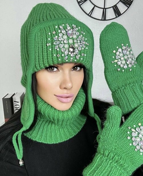 Шапка  Комплект шапка и снуд варежки в подарок/ Комплект шапка, шарф и варежки, размер 54-58, зеленый