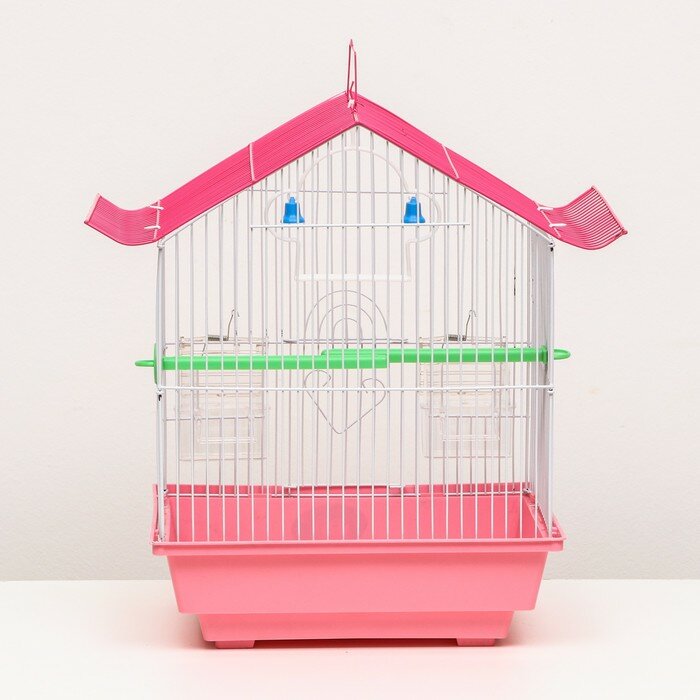 Клетка для птиц домик с кормушками, 30 х 23 х 39 см, розовая - фотография № 7