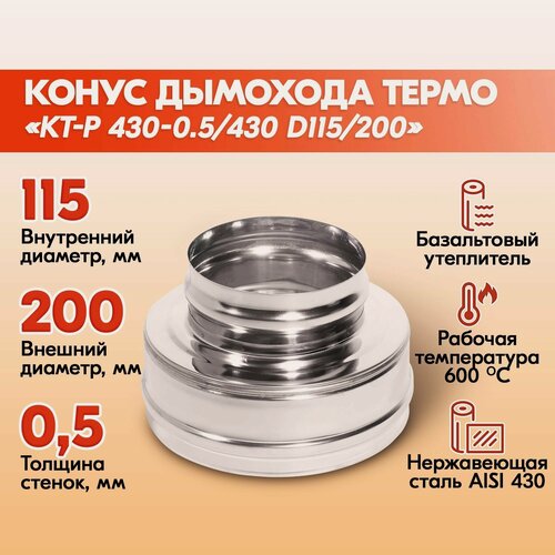 Изображение товара Конус Термо КТ-Р 430-0.5/430 D115/200 дымохода двухконтурный с тепловой изоляцией, сэндвич конус термо из нержавейки для дымохода