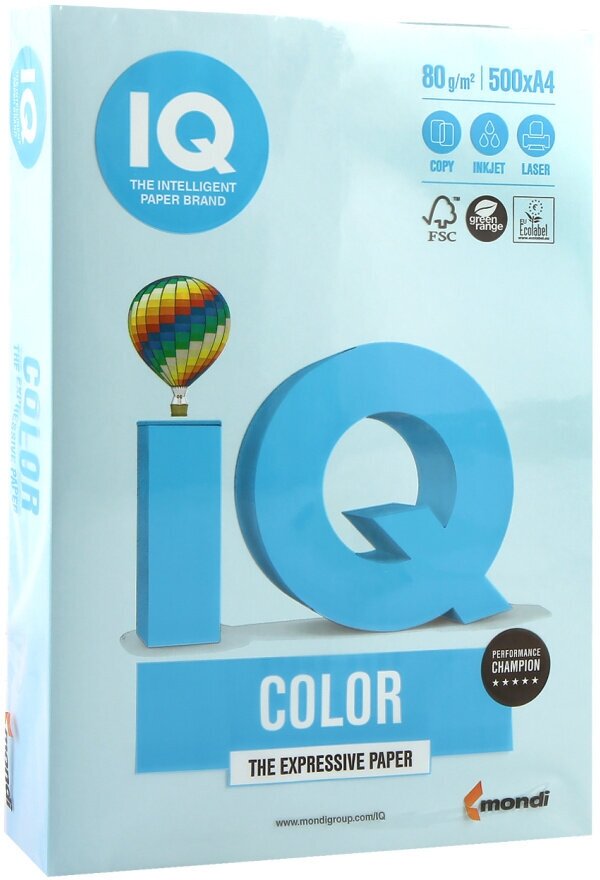 Бумага цветная IQ color, А4, 80 г/м2, 500 л., пастель, голубая, MB30