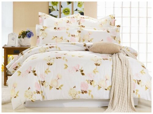 Комплект постельного белья Valtery C-198, 2-спальное, сатин, белый/цветы
