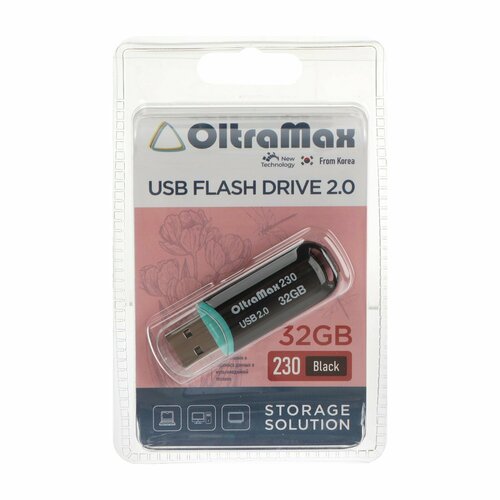 Флешка OltraMax 230, 32 Гб, USB2.0, чт до 15 Мб/с, зап до 8 Мб/с, чёрная