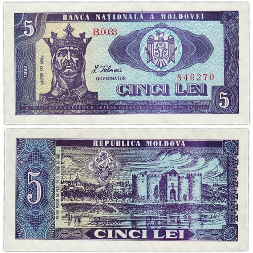 Молдова 5 лей 1992 банкнота номиналом 5 лей 1992 года молдавия